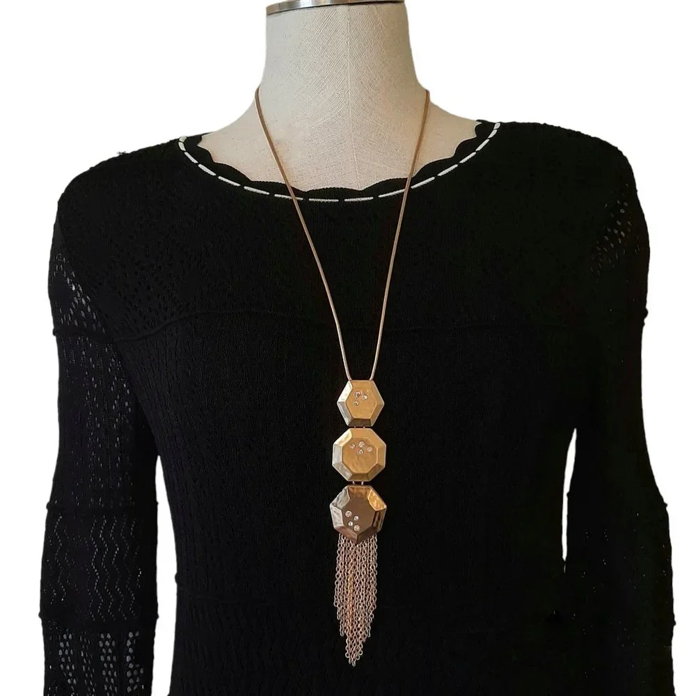 Chico's Hammered Gold Tone Hexagonal Tassel Long Necklace